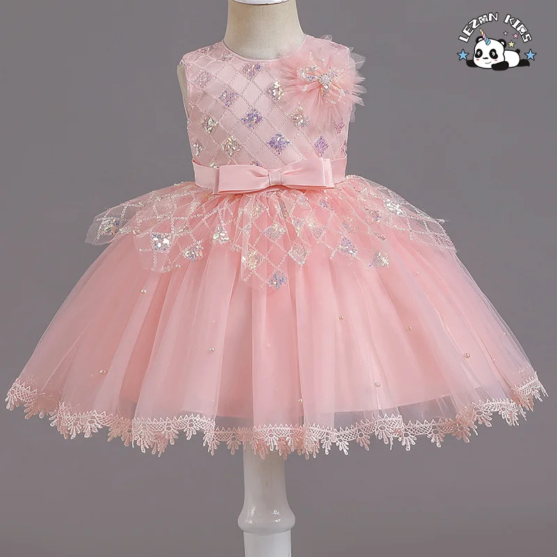 LEZONKIDS - 2023 Summer wholesale high quality girls clothing lace sleeveless girls sequin dresses